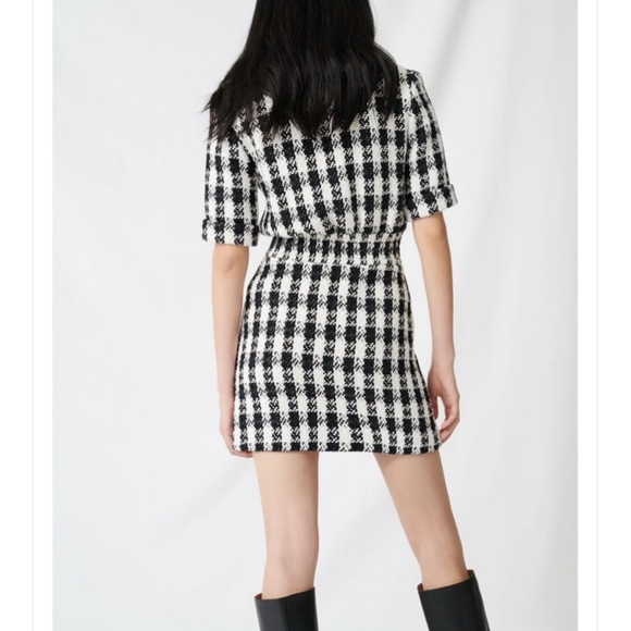 Maje Ricky Tweed Black White Houndstooth Mini Collar Shirt Mini Dress 36 - Picture 5 of 15